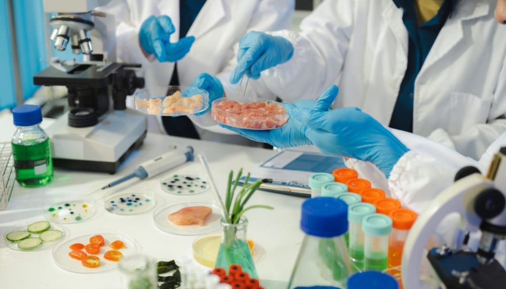 顕微鏡を使ってさまざまな食品を検査する研究員