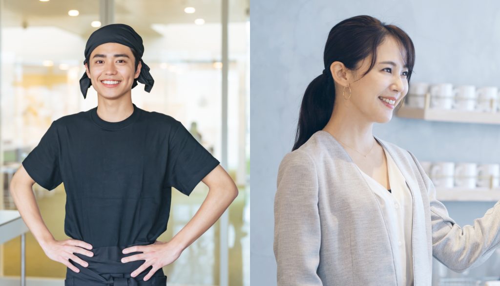 左枠に半袖で頭にタオルを巻いた若い男性と右枠に受付で案内をしている女性