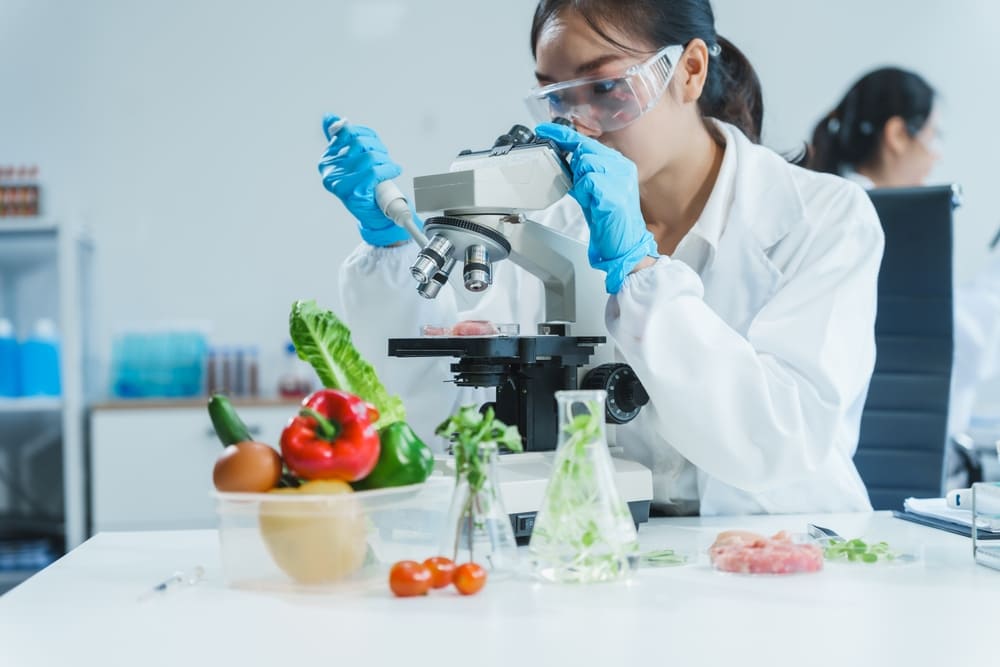 女性が、顕微鏡、シャーレ、試験管に化学溶液を充填して食品研究に取り組んでいる