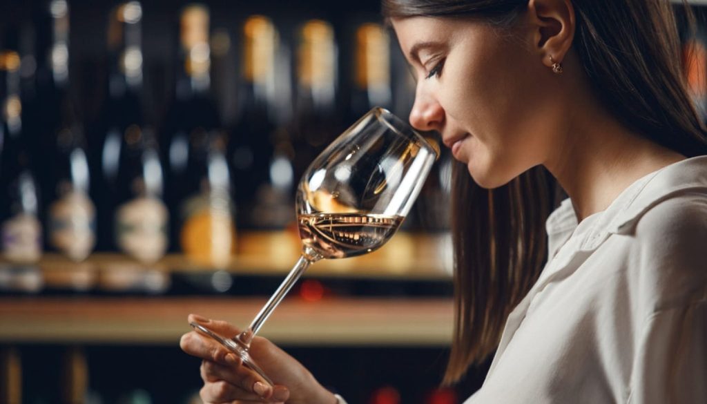ワインの匂いを嗅ぐ女性のソムリエ